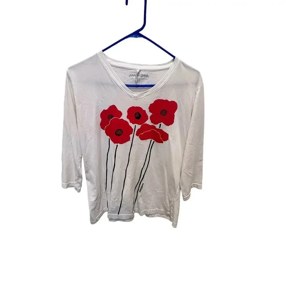 Marushka Handprinted White 100% Cotton Basic Top Size Medium